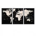 N50Black-MGV-FC-60X30-3P_Black-Framed Black and White World Map Canvas Print | 3-Panel Ready to Hang Wall Art for Modern Home Decor | Bold Global Style for Office Decor