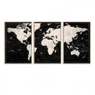 N50Black-MGV-FC-60X30-3P_Natural-Framed Black and White World Map Canvas Print | 3-Panel Ready to Hang Wall Art for Modern Home Decor | Bold Global Style for Office Decor