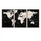 N50Black-MGV-FC-60X30-3P_Walnut-Framed Black and White World Map Canvas Print | 3-Panel Ready to Hang Wall Art for Modern Home Decor | Bold Global Style for Office Decor
