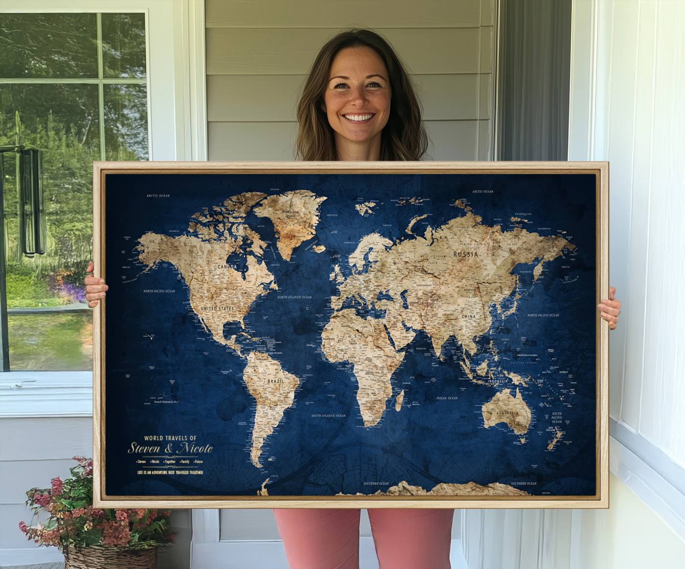 56122A-MGV-CV-36X24-Framed Custom World Map Canvas Print - Personalized Deep Blue World Map Wall Art, Large Wall Art Map Print for Living Room, Office Decor