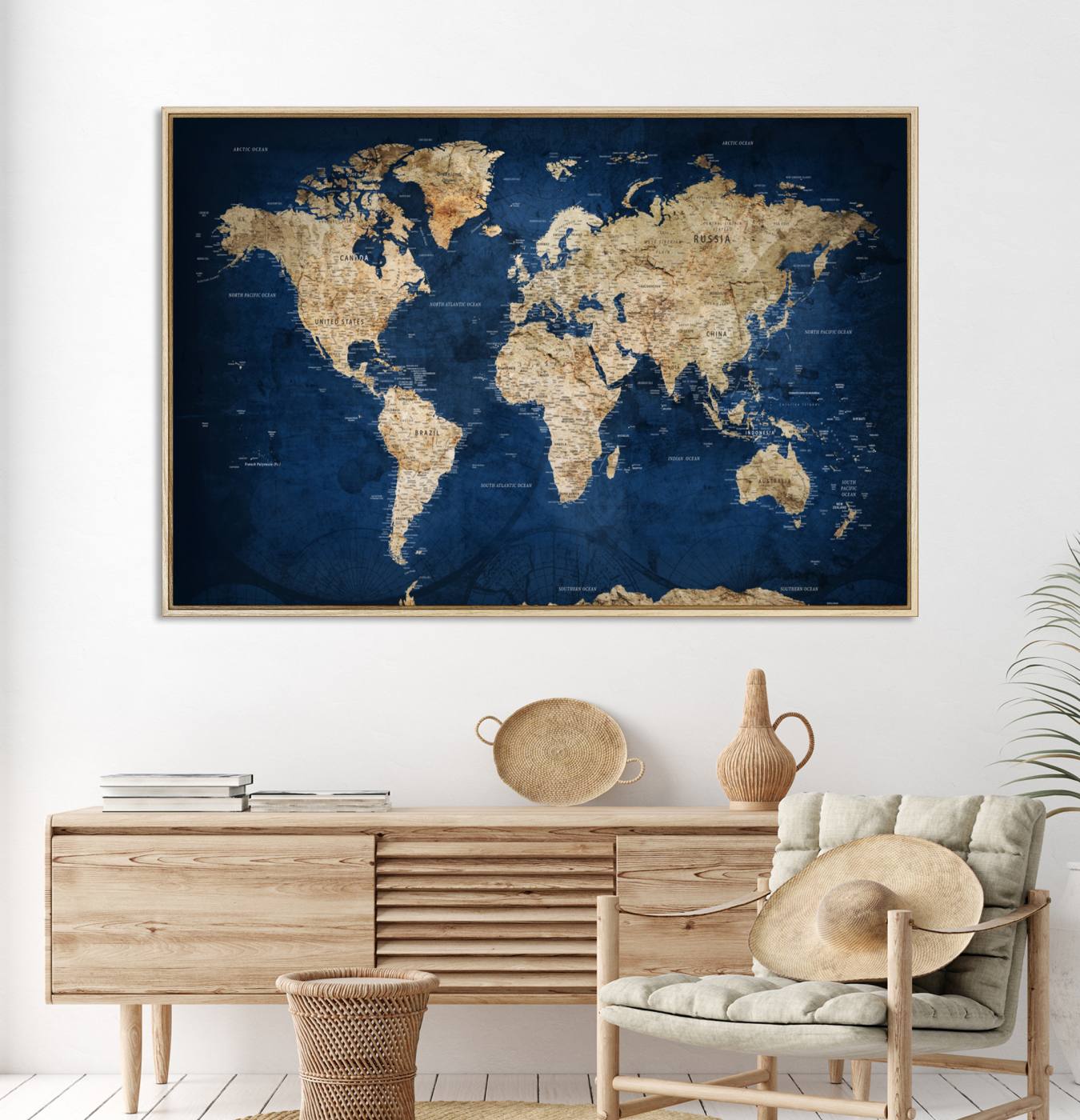 56122A-MGV-CV-36X24-Framed Custom World Map Canvas Print - Personalized Deep Blue World Map Wall Art, Large Wall Art Map Print for Living Room, Office Decor