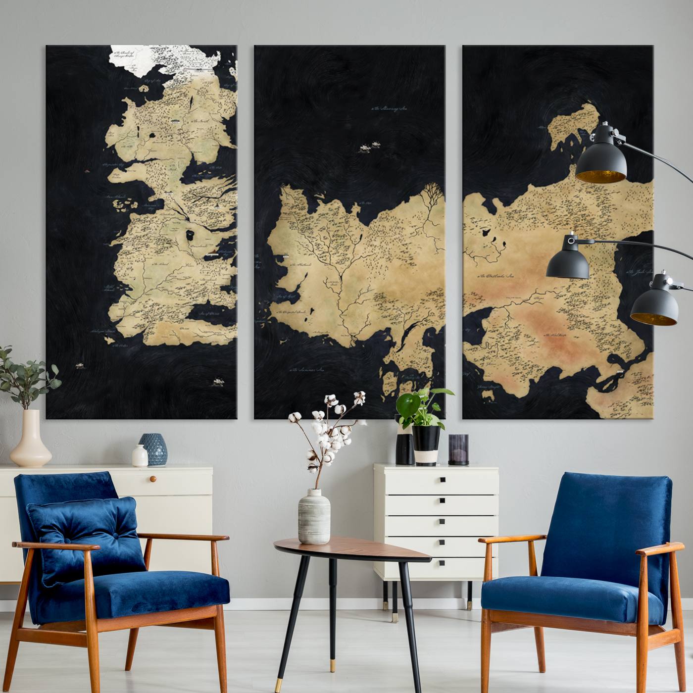 85247-MGV-CV-36X24-Framed Game of Thrones Map Canvas - Detailed Westeros and Essos Wall Art Print - Vintage-Inspired Fantasy Map Canvas for Fans and Collectors