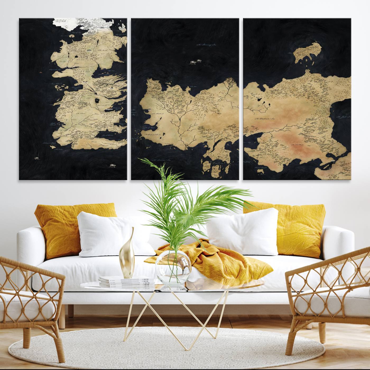 85247-MGV-CV-36X24-Framed Game of Thrones Map Canvas - Detailed Westeros and Essos Wall Art Print - Vintage-Inspired Fantasy Map Canvas for Fans and Collectors