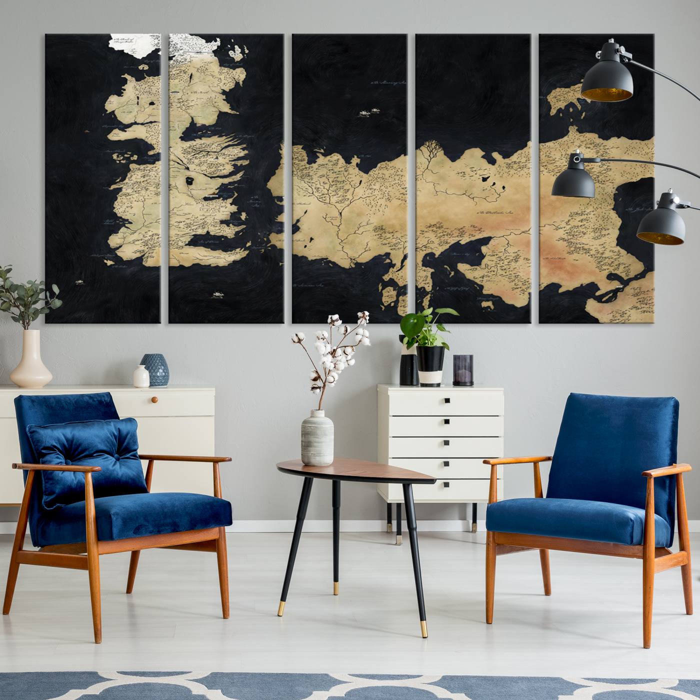 85247-MGV-CV-36X24-Framed Game of Thrones Map Canvas - Detailed Westeros and Essos Wall Art Print - Vintage-Inspired Fantasy Map Canvas for Fans and Collectors