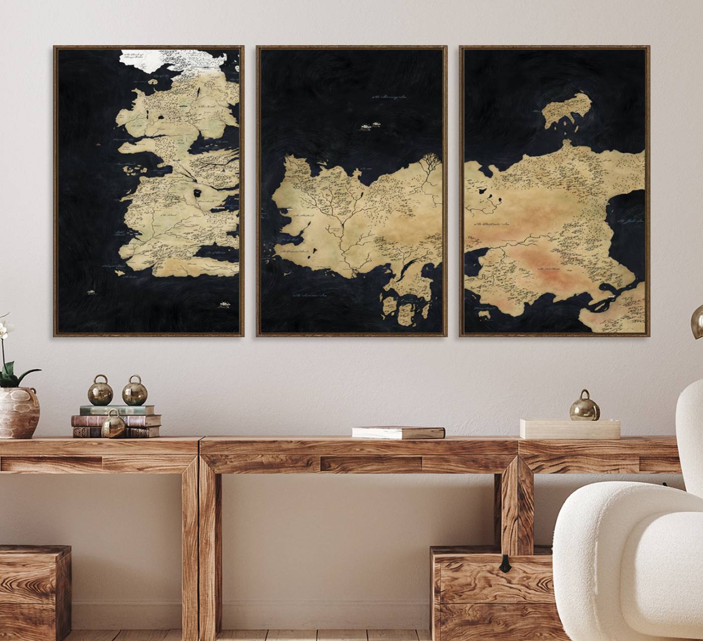 85247-MGV-CV-36X24-Framed Game of Thrones Map Canvas - Detailed Westeros and Essos Wall Art Print - Vintage-Inspired Fantasy Map Canvas for Fans and Collectors