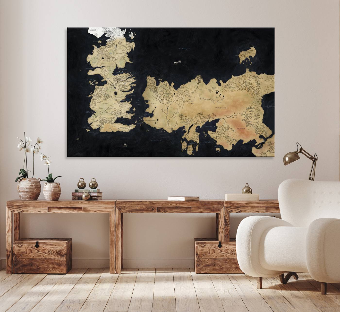 85247-MGV-CV-36X24-Framed Game of Thrones Map Canvas - Detailed Westeros and Essos Wall Art Print - Vintage-Inspired Fantasy Map Canvas for Fans and Collectors