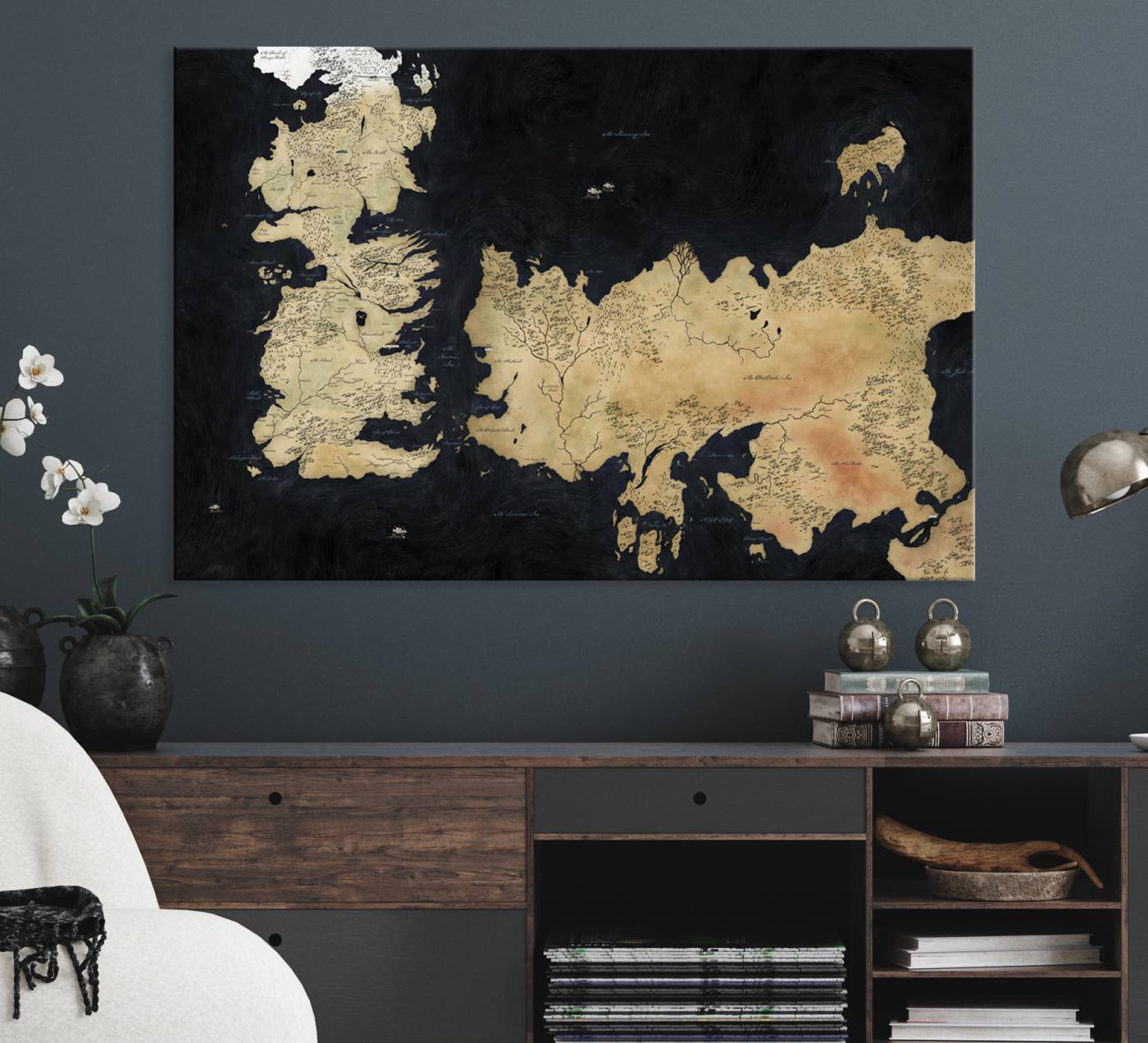 85247-MGV-CV-36X24-Framed Game of Thrones Map Canvas - Detailed Westeros and Essos Wall Art Print - Vintage-Inspired Fantasy Map Canvas for Fans and Collectors