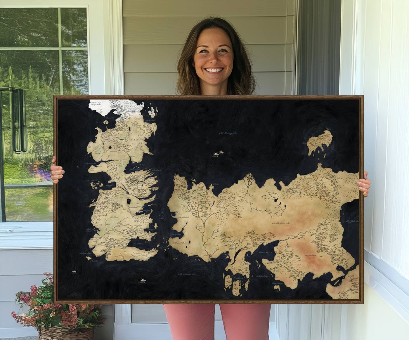 85247-MGV-FC-36X24_Walnut-Framed Game of Thrones Map Canvas - Detailed Westeros and Essos Wall Art Print - Vintage-Inspired Fantasy Map Canvas for Fans and Collectors