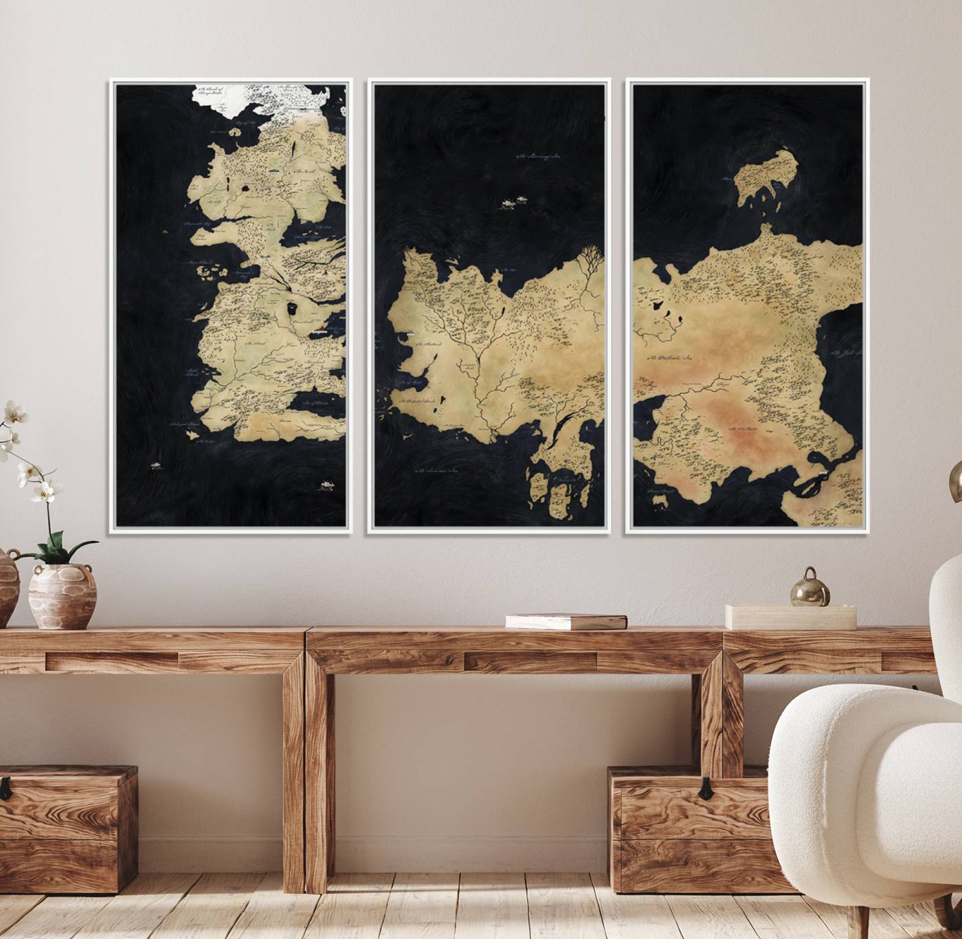 85247-MGV-FC-48X32-3P_White-Framed Game of Thrones Map Canvas - Detailed Westeros and Essos Wall Art Print - Vintage-Inspired Fantasy Map Canvas for Fans and Collectors