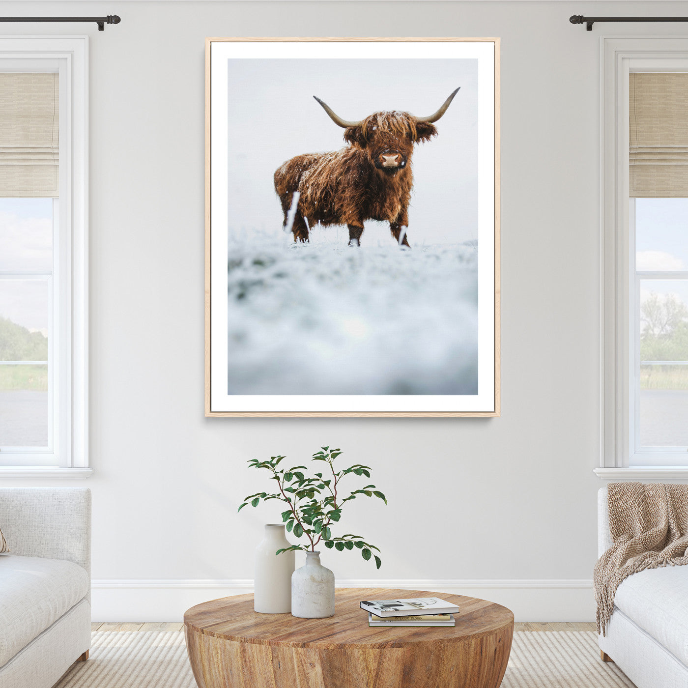 10990125-MGC-FP-36x24_Natural-Framed Highland Cow Print, Horned Cow Print, Framed Scottish Cattle Art Print, Large Shaggy Cow Printing Farmhouse Decor, Highland