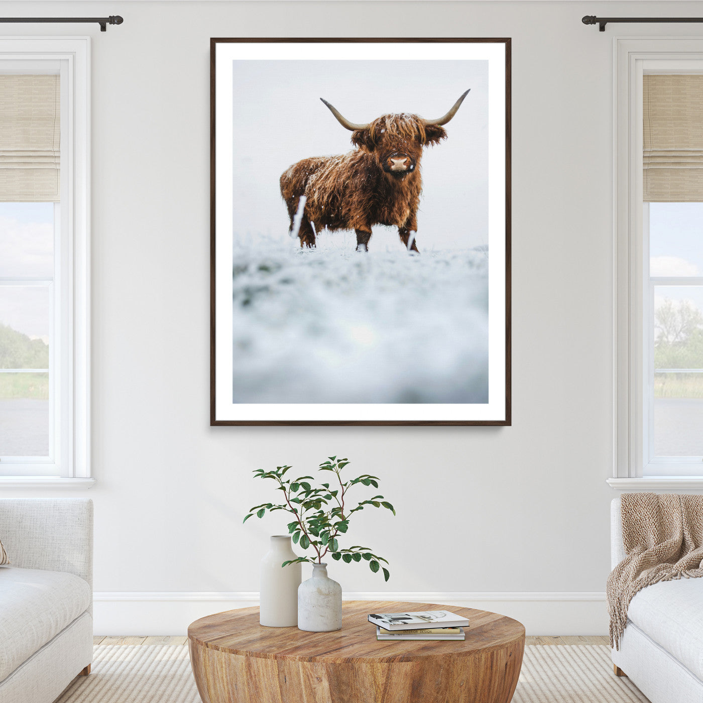 10990125-MGC-FP-36x24_Walnut-Framed Highland Cow Print, Horned Cow Print, Framed Scottish Cattle Art Print, Large Shaggy Cow Printing Farmhouse Decor, Highland