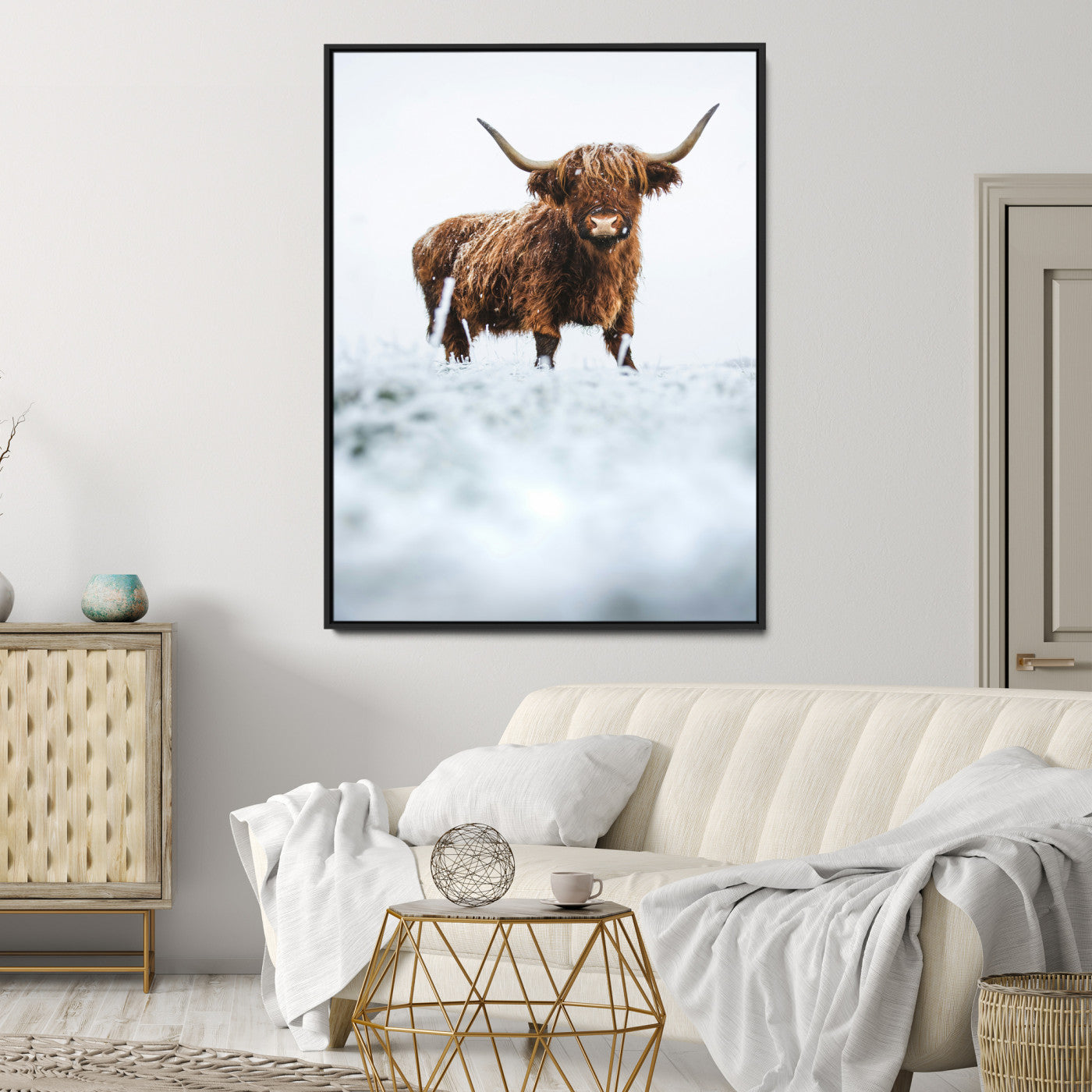 10990125-MGV-CV-36X24-Framed Highland Cow Print, Horned Cow Print, Framed Scottish Cattle Art Print, Large Shaggy Cow Printing Farmhouse Decor, Highland