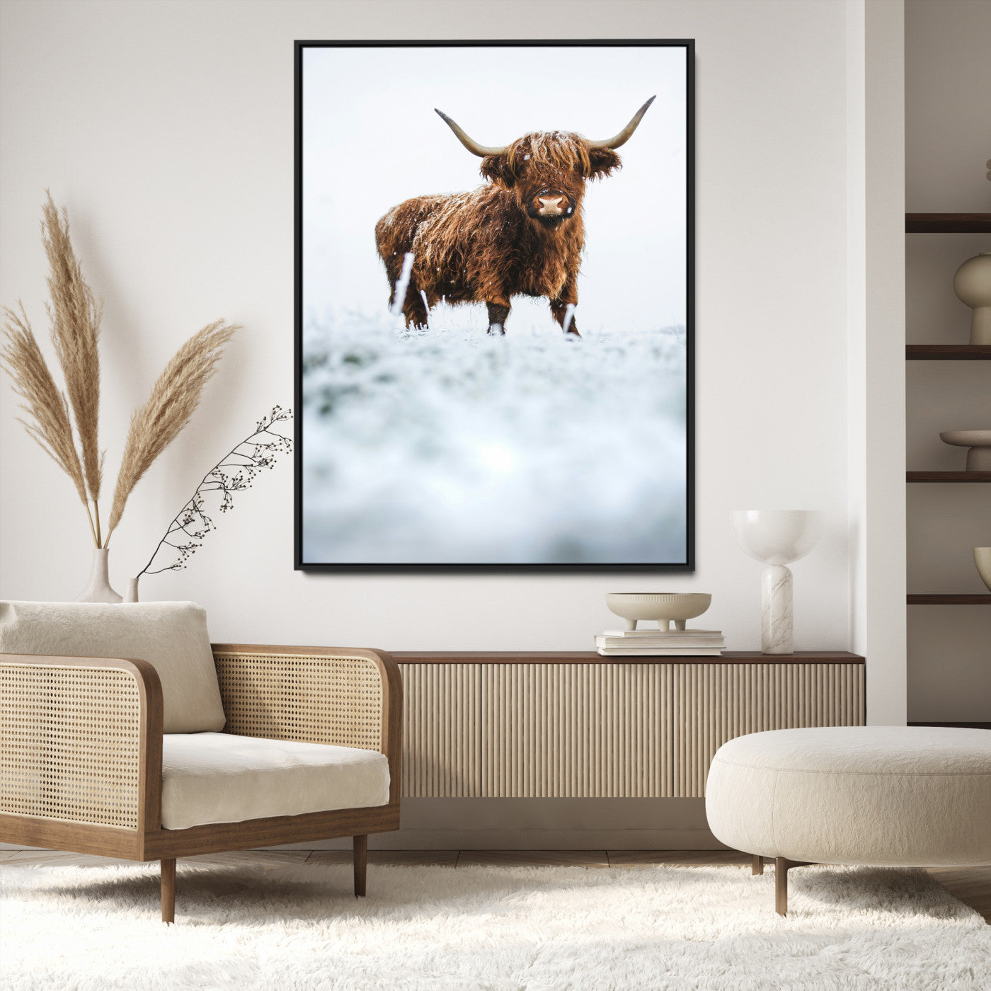 10990125-MGV-FC-36X24_Black-Framed Highland Cow Print, Horned Cow Print, Framed Scottish Cattle Art Print, Large Shaggy Cow Printing Farmhouse Decor, Highland