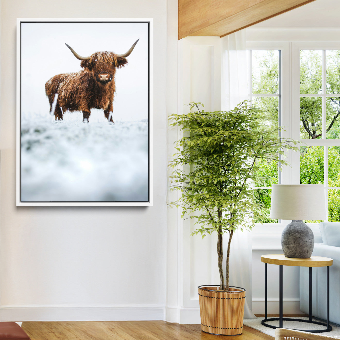 10990125-MGV-FC-36X24_White-Framed Highland Cow Print, Horned Cow Print, Framed Scottish Cattle Art Print, Large Shaggy Cow Printing Farmhouse Decor, Highland