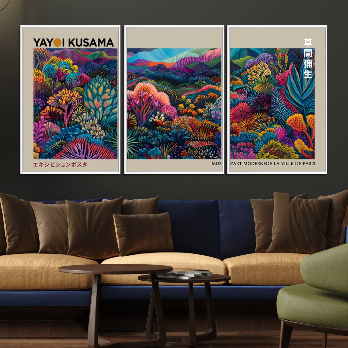 59772-MGV-FC-60X30-3P_White-Framed Japanese 1986 Wall Art Print, Yayoi Kusama 1986 Wall Art Print – Japanese Wall Art Print, Wabi Sabi Yayoi Kusama Print - Vibrant