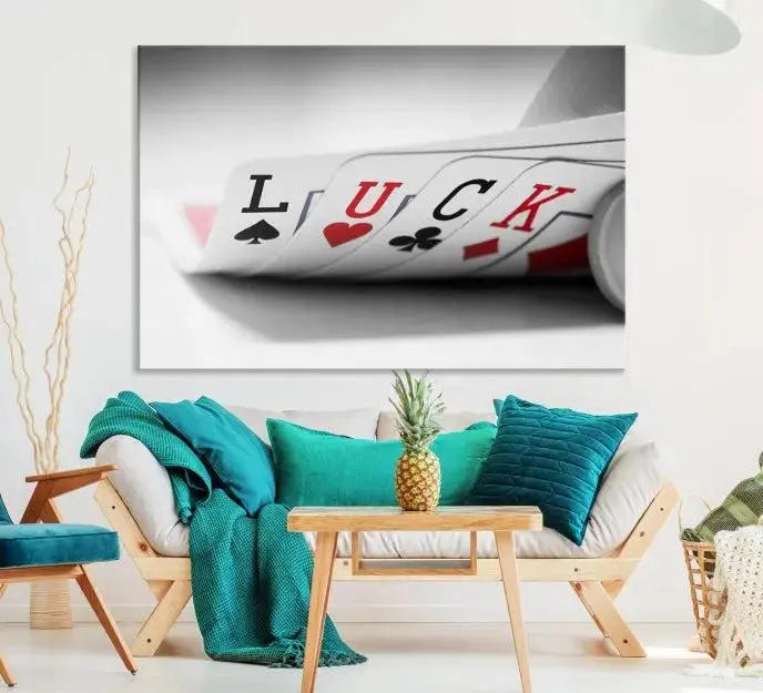 Enhance your living room's style with the Framed Luck Poker Cards Canvas – a modern triptych wall art. This ready-to-hang piece is perfect for those who appreciate sophisticated game room decor.