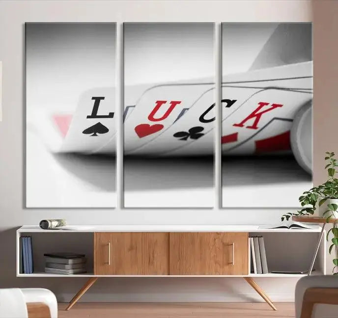 Enhance your living room's style with the Framed Luck Poker Cards Canvas – a modern triptych wall art. This ready-to-hang piece is perfect for those who appreciate sophisticated game room decor.