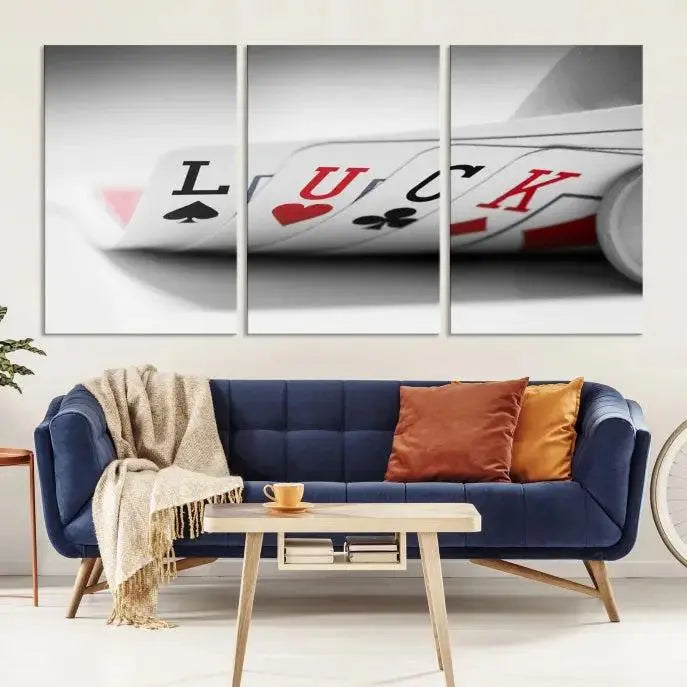 Enhance your living room's style with the Framed Luck Poker Cards Canvas – a modern triptych wall art. This ready-to-hang piece is perfect for those who appreciate sophisticated game room decor.