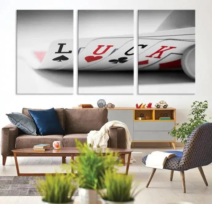 Enhance your living room's style with the Framed Luck Poker Cards Canvas – a modern triptych wall art. This ready-to-hang piece is perfect for those who appreciate sophisticated game room decor.