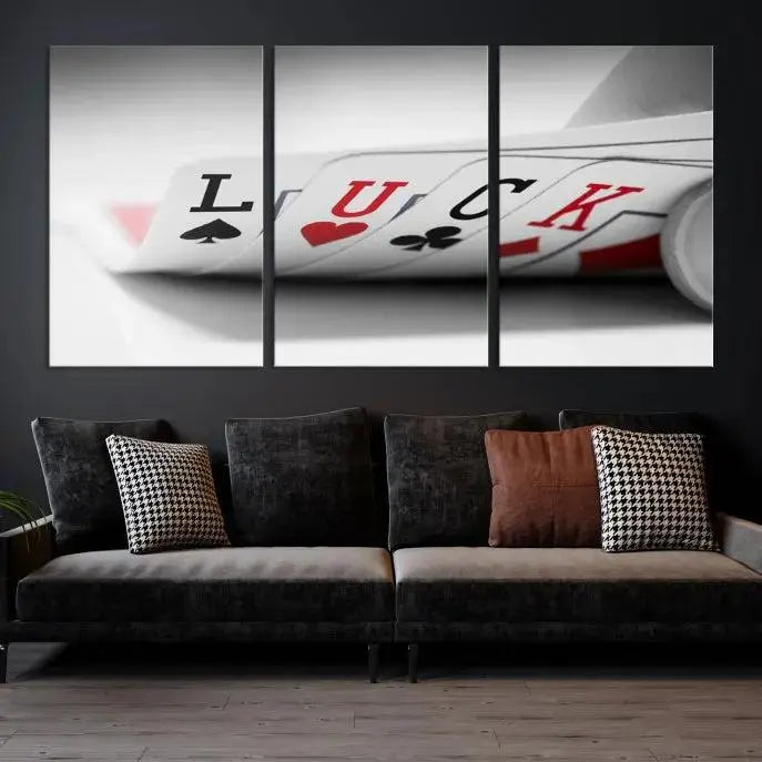 Enhance your living room's style with the Framed Luck Poker Cards Canvas – a modern triptych wall art. This ready-to-hang piece is perfect for those who appreciate sophisticated game room decor.