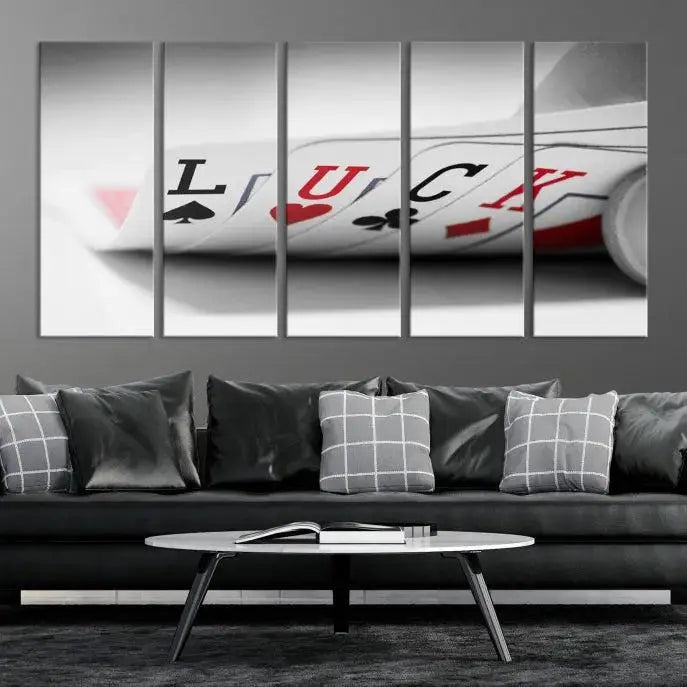 Enhance your living room's style with the Framed Luck Poker Cards Canvas – a modern triptych wall art. This ready-to-hang piece is perfect for those who appreciate sophisticated game room decor.