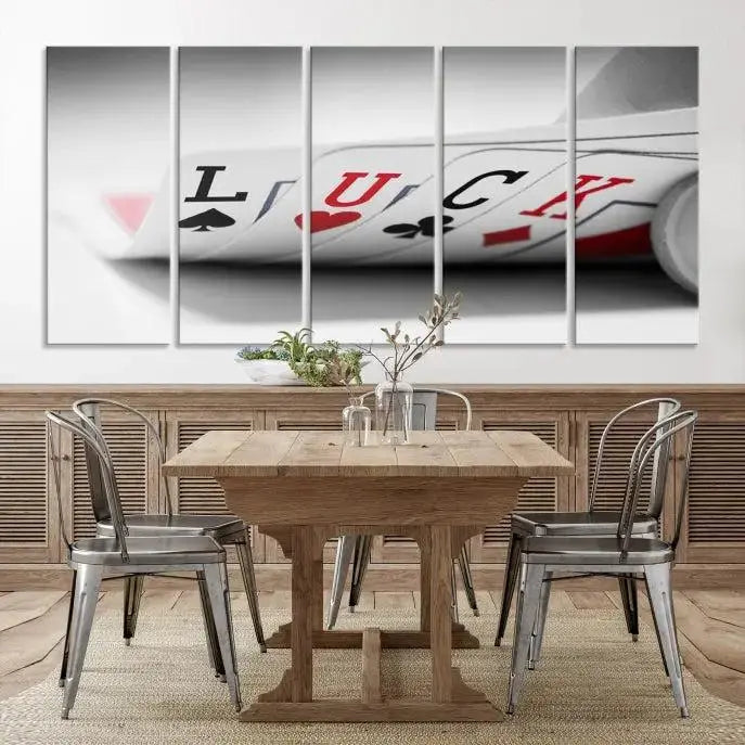 Enhance your living room's style with the Framed Luck Poker Cards Canvas – a modern triptych wall art. This ready-to-hang piece is perfect for those who appreciate sophisticated game room decor.