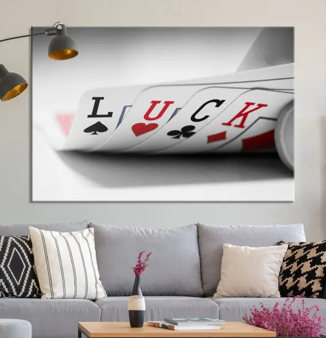 Enhance your living room's style with the Framed Luck Poker Cards Canvas – a modern triptych wall art. This ready-to-hang piece is perfect for those who appreciate sophisticated game room decor.