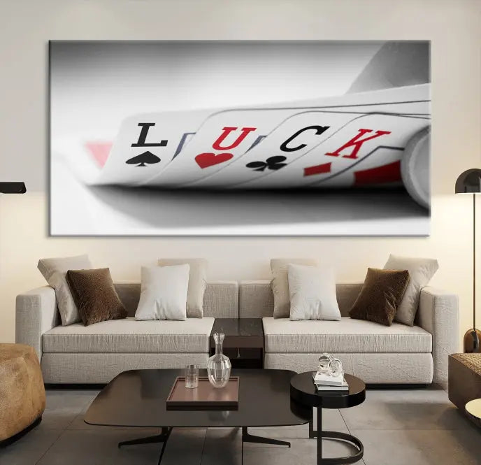 Enhance your living room's style with the Framed Luck Poker Cards Canvas – a modern triptych wall art. This ready-to-hang piece is perfect for those who appreciate sophisticated game room decor.