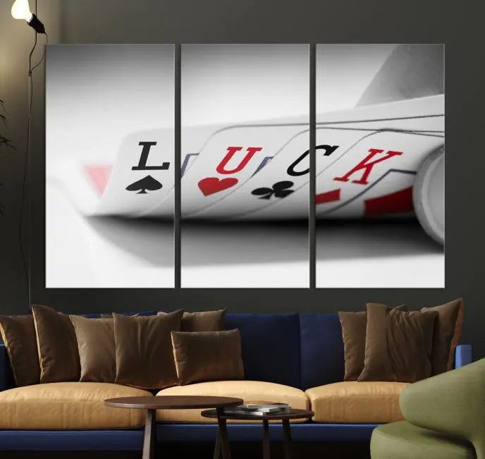 Enhance your living room's style with the Framed Luck Poker Cards Canvas – a modern triptych wall art. This ready-to-hang piece is perfect for those who appreciate sophisticated game room decor.