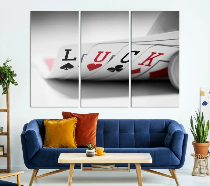 Enhance your living room's style with the Framed Luck Poker Cards Canvas – a modern triptych wall art. This ready-to-hang piece is perfect for those who appreciate sophisticated game room decor.