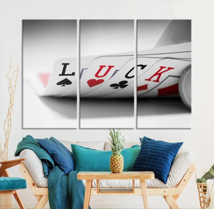 Enhance your living room's style with the Framed Luck Poker Cards Canvas – a modern triptych wall art. This ready-to-hang piece is perfect for those who appreciate sophisticated game room decor.