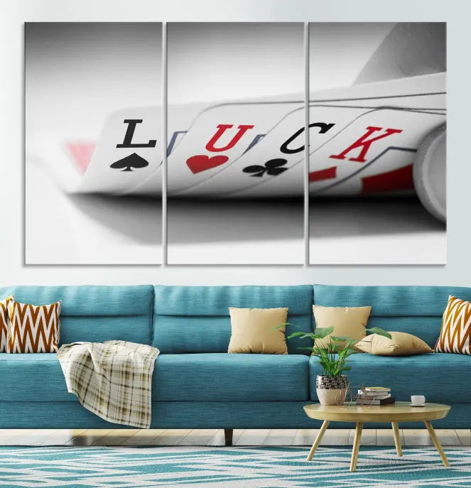 Enhance your living room's style with the Framed Luck Poker Cards Canvas – a modern triptych wall art. This ready-to-hang piece is perfect for those who appreciate sophisticated game room decor.