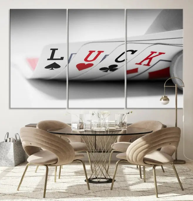 Enhance your living room's style with the Framed Luck Poker Cards Canvas – a modern triptych wall art. This ready-to-hang piece is perfect for those who appreciate sophisticated game room decor.