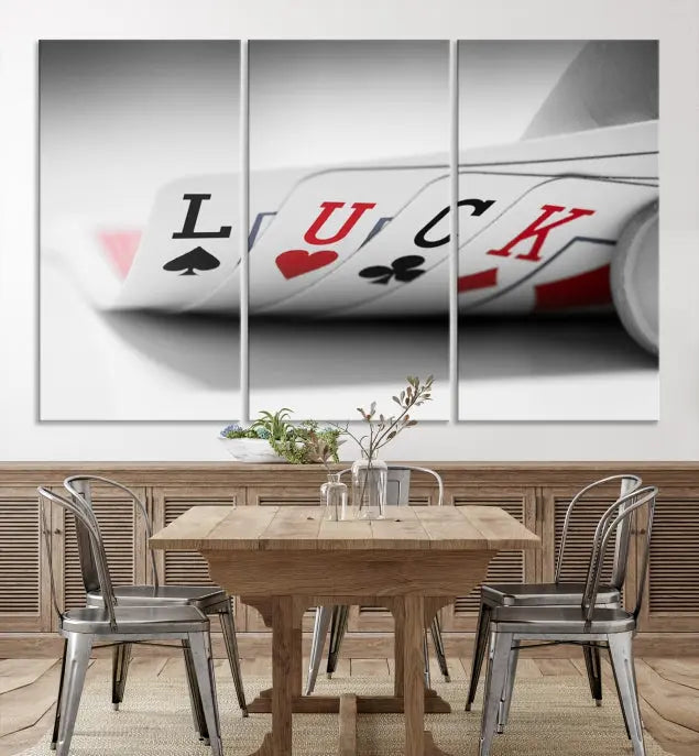 Enhance your living room's style with the Framed Luck Poker Cards Canvas – a modern triptych wall art. This ready-to-hang piece is perfect for those who appreciate sophisticated game room decor.