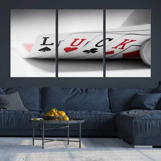 Enhance your living room's style with the Framed Luck Poker Cards Canvas – a modern triptych wall art. This ready-to-hang piece is perfect for those who appreciate sophisticated game room decor.