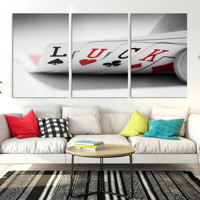 Enhance your living room's style with the Framed Luck Poker Cards Canvas – a modern triptych wall art. This ready-to-hang piece is perfect for those who appreciate sophisticated game room decor.