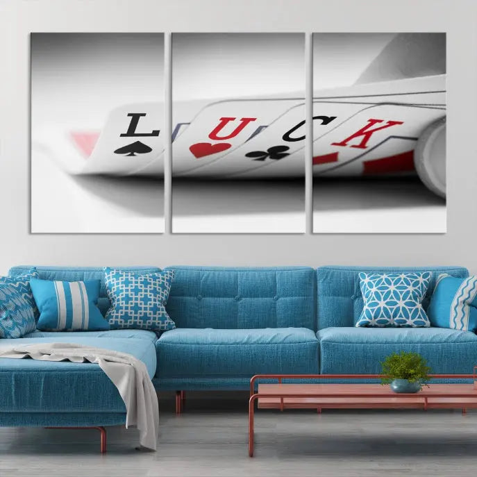 Enhance your living room's style with the Framed Luck Poker Cards Canvas – a modern triptych wall art. This ready-to-hang piece is perfect for those who appreciate sophisticated game room decor.