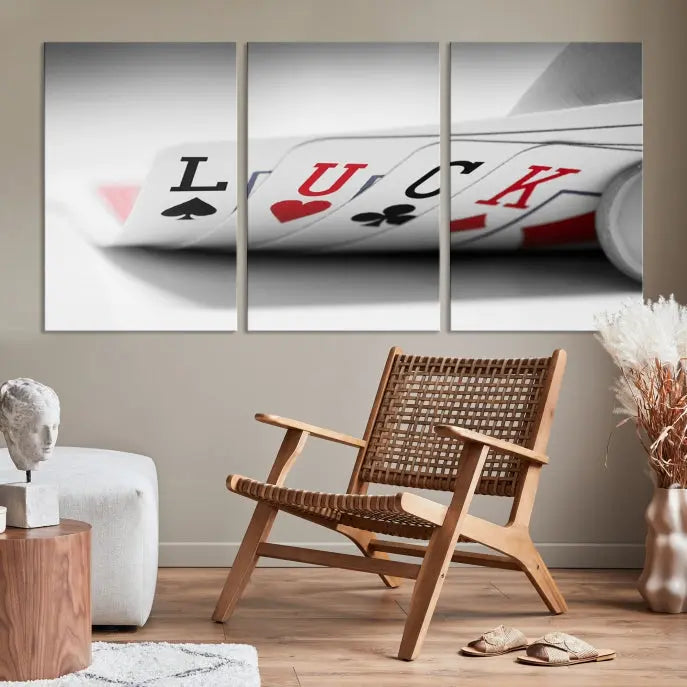 Enhance your living room's style with the Framed Luck Poker Cards Canvas – a modern triptych wall art. This ready-to-hang piece is perfect for those who appreciate sophisticated game room decor.