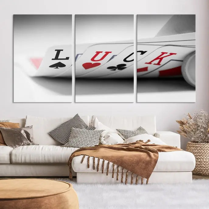 Enhance your living room's style with the Framed Luck Poker Cards Canvas – a modern triptych wall art. This ready-to-hang piece is perfect for those who appreciate sophisticated game room decor.