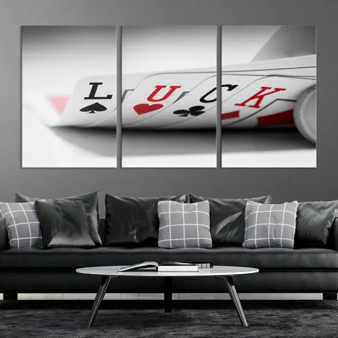 Enhance your living room's style with the Framed Luck Poker Cards Canvas – a modern triptych wall art. This ready-to-hang piece is perfect for those who appreciate sophisticated game room decor.