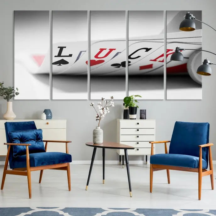 Enhance your living room's style with the Framed Luck Poker Cards Canvas – a modern triptych wall art. This ready-to-hang piece is perfect for those who appreciate sophisticated game room decor.