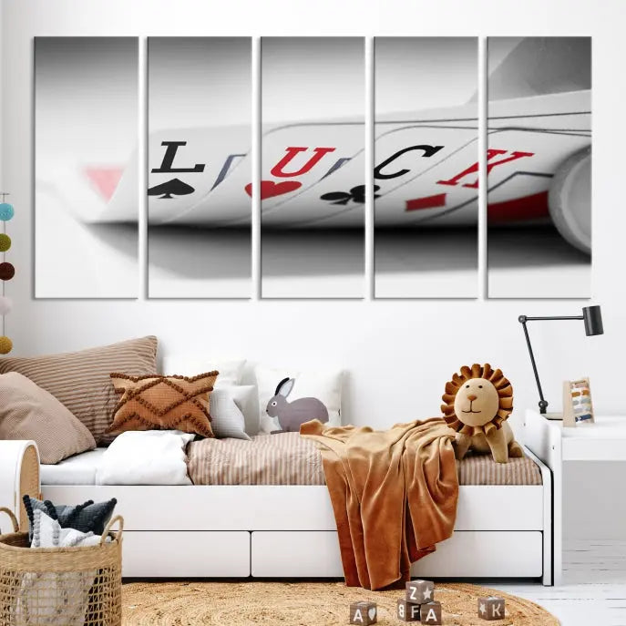 Enhance your living room's style with the Framed Luck Poker Cards Canvas – a modern triptych wall art. This ready-to-hang piece is perfect for those who appreciate sophisticated game room decor.