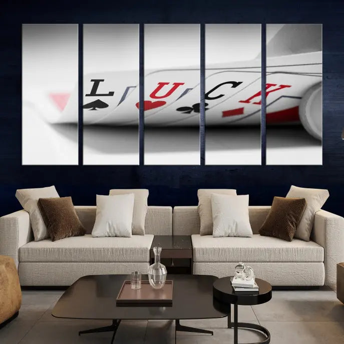 Enhance your living room's style with the Framed Luck Poker Cards Canvas – a modern triptych wall art. This ready-to-hang piece is perfect for those who appreciate sophisticated game room decor.