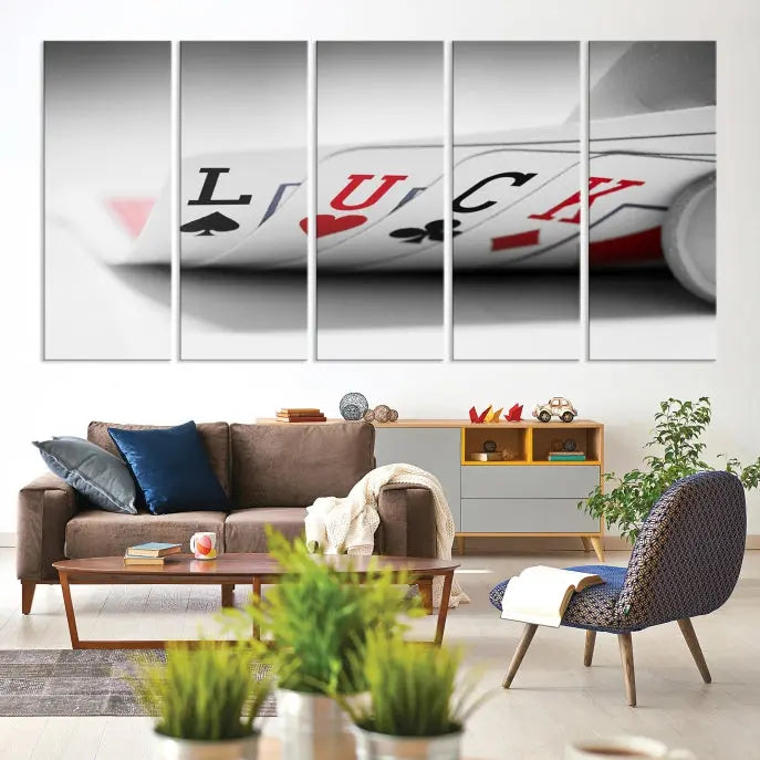 Enhance your living room's style with the Framed Luck Poker Cards Canvas – a modern triptych wall art. This ready-to-hang piece is perfect for those who appreciate sophisticated game room decor.