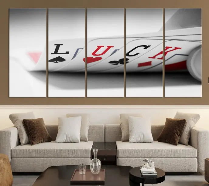 Enhance your living room's style with the Framed Luck Poker Cards Canvas – a modern triptych wall art. This ready-to-hang piece is perfect for those who appreciate sophisticated game room decor.