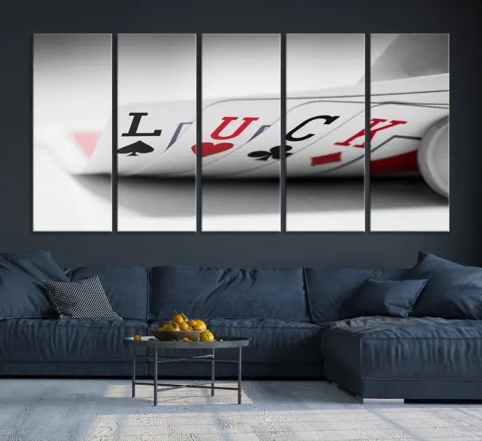 Enhance your living room's style with the Framed Luck Poker Cards Canvas – a modern triptych wall art. This ready-to-hang piece is perfect for those who appreciate sophisticated game room decor.