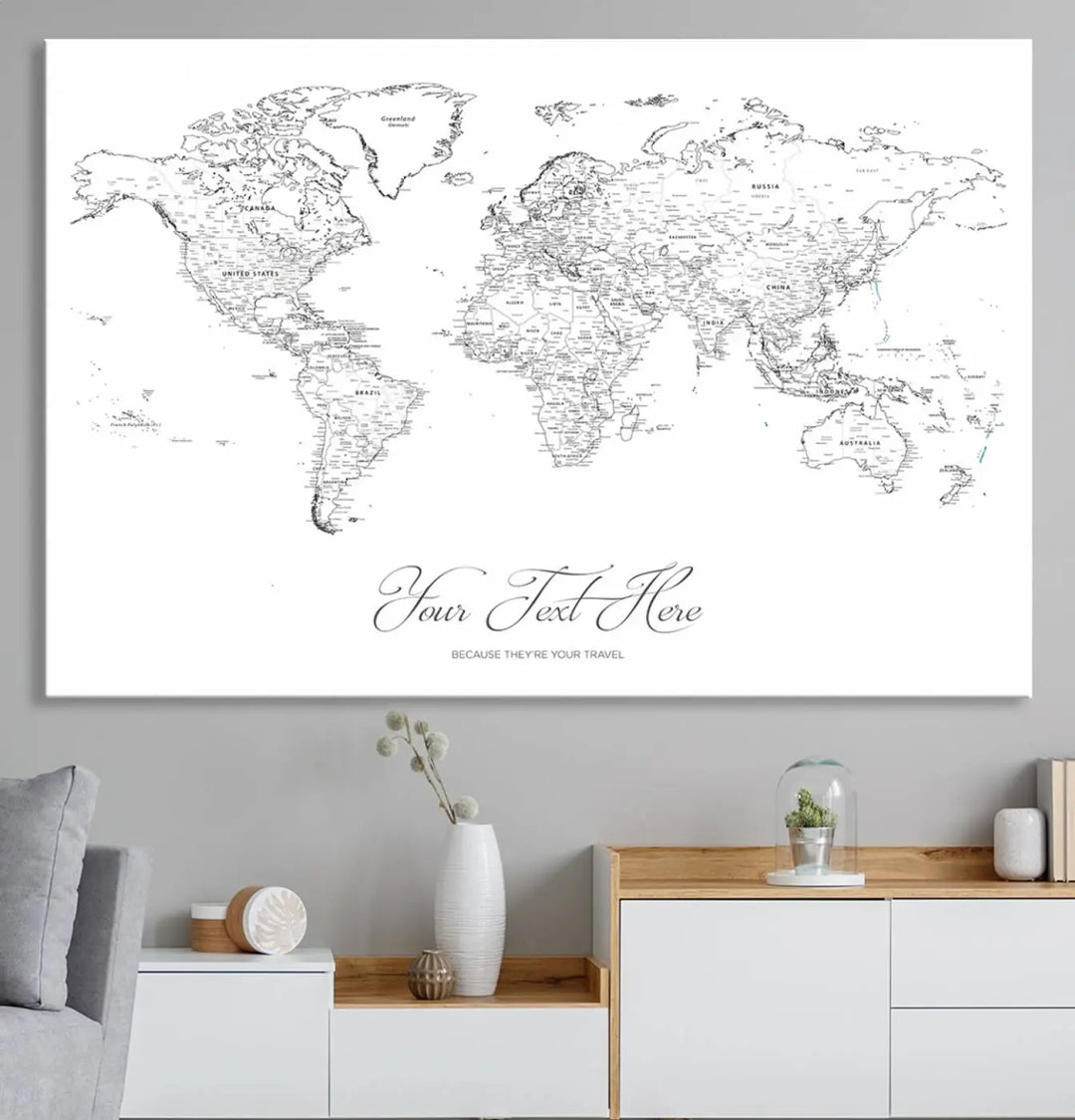 A large Framed Push Pin Mini World Travel Map Wall Art Print features customizable text and is designed as a premium cork pin board canvas with labeled countries for a gallery-quality finish.