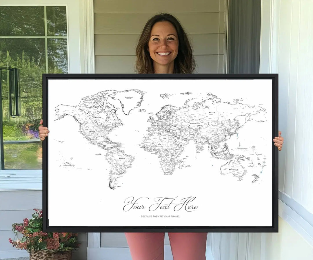 A large Framed Push Pin Mini World Travel Map Wall Art Print features customizable text and is designed as a premium cork pin board canvas with labeled countries for a gallery-quality finish.