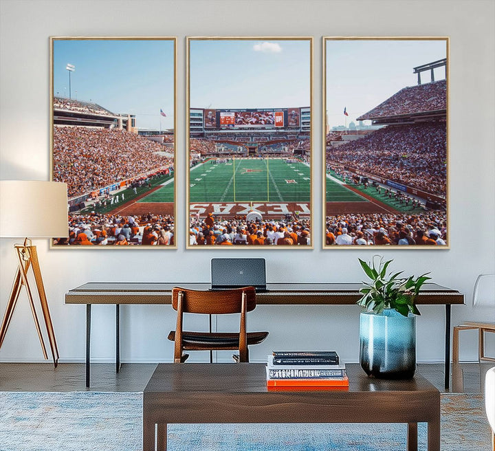 14826-MGV-FC-48X32-3P_Natural-Framed Texas Memorial Stadium Canvas, University of Texas Longhorns Football Team Print - Austin Darrell K Royal-Texas Memorial Stadium at