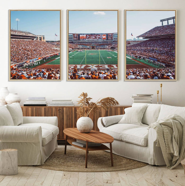 14826-MGV-FC-60X30-3P_Natural-Framed Texas Memorial Stadium Canvas, University of Texas Longhorns Football Team Print - Austin Darrell K Royal-Texas Memorial Stadium at